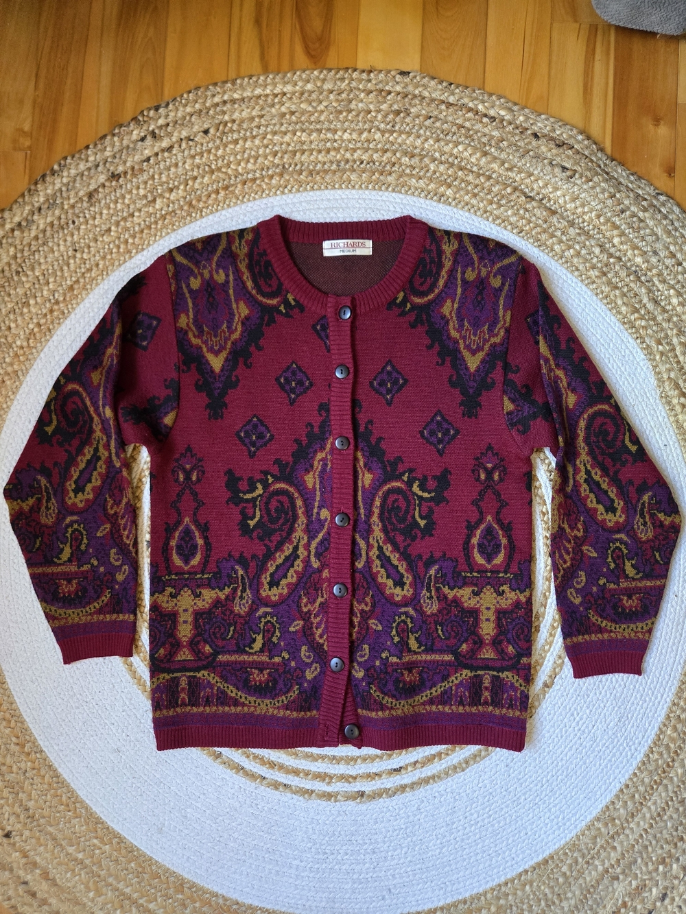Vintage Wool Blend Burgundy Paisley Cardigan Sweater Boho Chic Grandpacore M